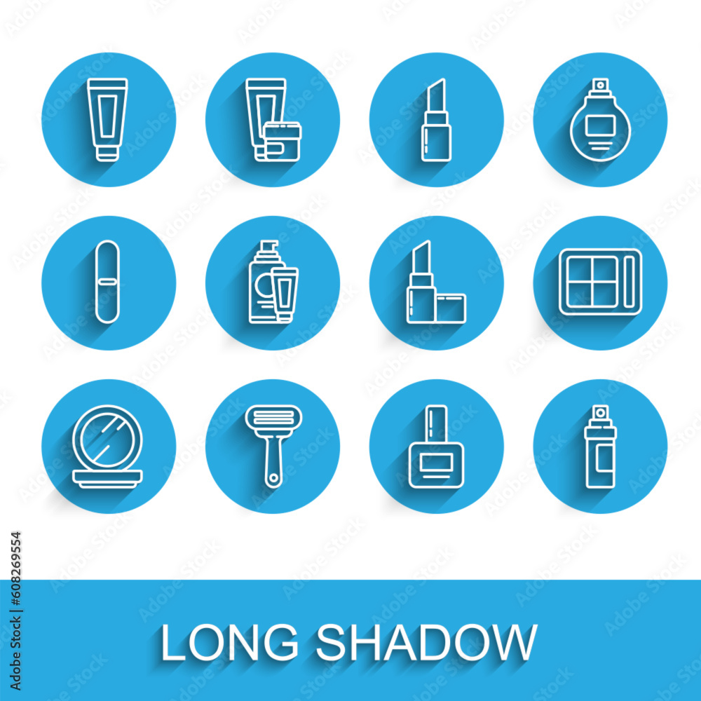Set line Makeup powder with mirror, Shaving razor, Cream lotion cosmetic tube, Nail polish bottle, Perfume, Eye shadow palette and Lipstick icon. Vector Set line Makeup powder with mirror, Shaving razor, Cream lotion cosmetic tube, Nail polish bottle, Perfume, Eye shadow palette and Lipstick icon. Vector