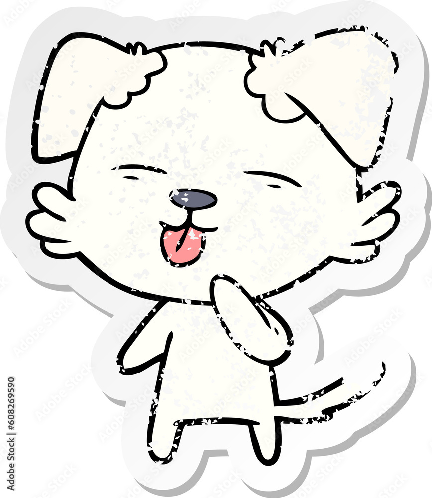 distressed sticker of a cartoon dog sticking out tongue