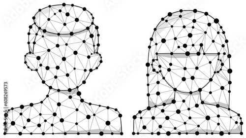 Wireframe polygon human faces - digital man and woman head with line and dots vector icon. Black geometric people concept. Low poly ai or biometric silhouette design vector illustration.