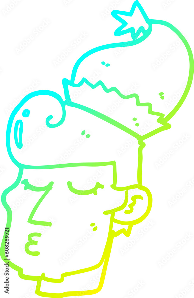 cold gradient line drawing of a cartoon man wearing christmas hat