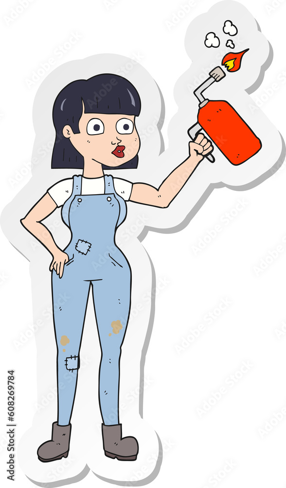 sticker of a cartoon woman in dungarees sticker of a cartoon woman in dungarees
