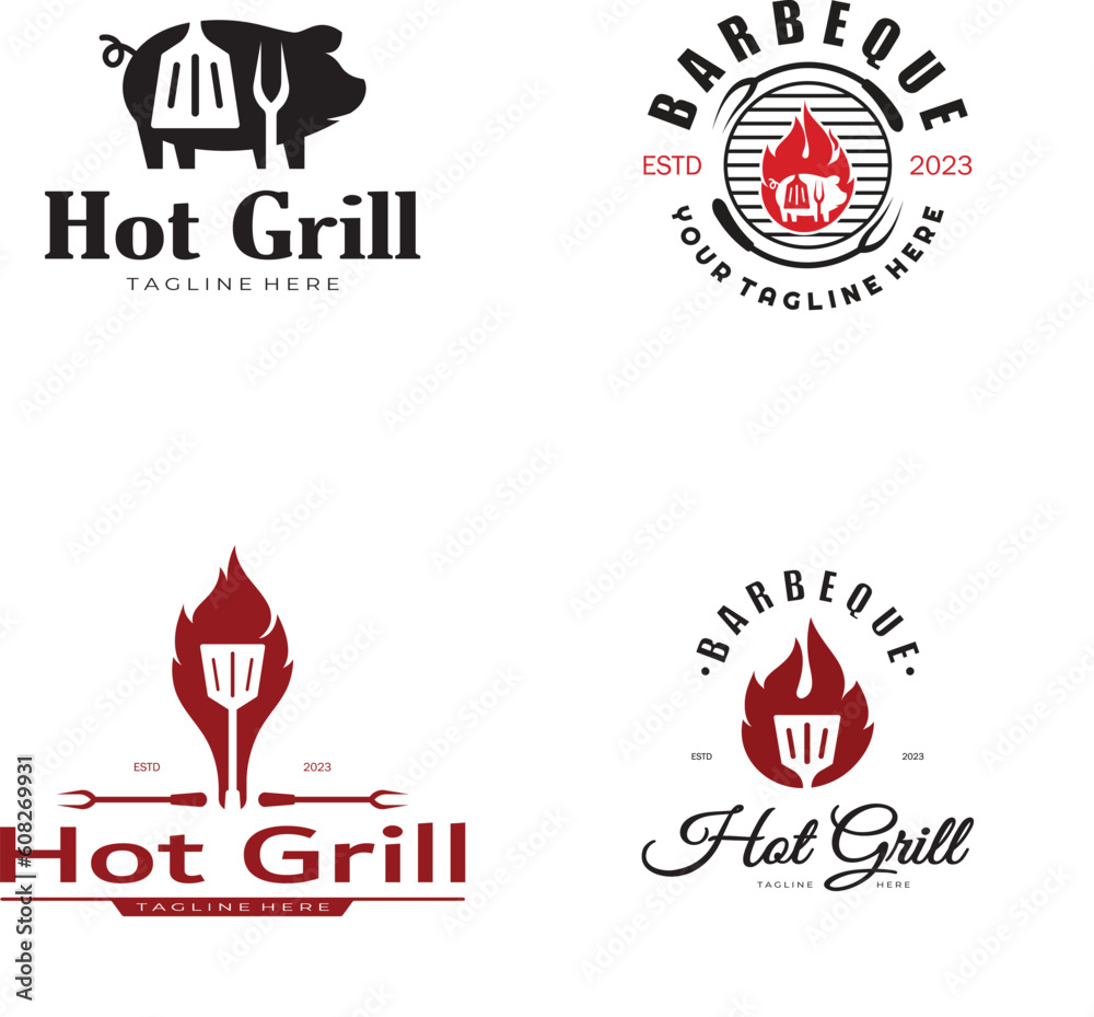 Simple Barbecue Vintage hot grill, with crossed flames and spatula. Logo for restaurant, badge, cafe and bar.vector