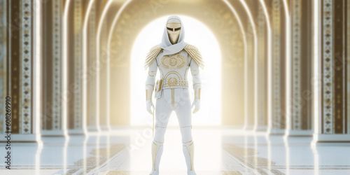 Mensch in futuristischem Cyperspace Anzug Weiß mit gold und Helm, ai generativ