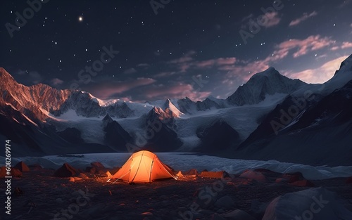 Awesome mountain view photo with bright orange tent near huge glacier tongue under starry night sky