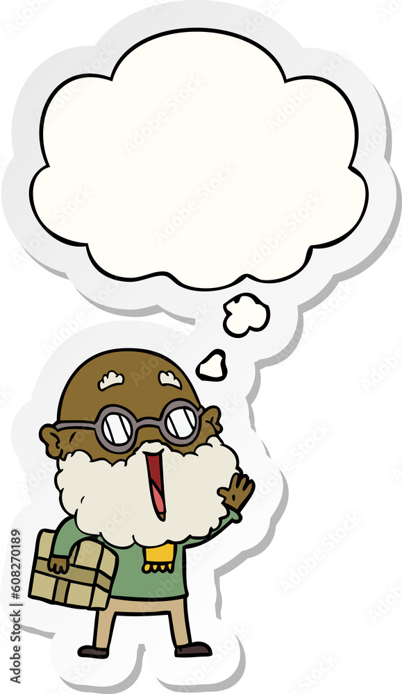 cartoon joyful man with beard and parcel under arm with thought bubble as a printed sticker cartoon joyful man with beard and parcel under arm with thought bubble as a printed sticker