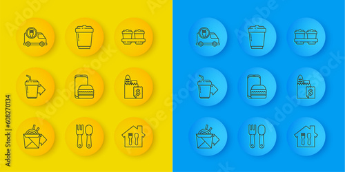 Set line Online ordering noodles delivery, Coffee cup to go, and, Fast by car, and icon. Vector