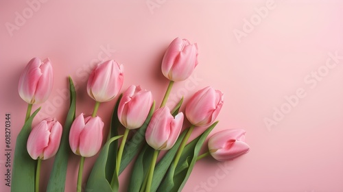 A pink tulips bouquet on pastel pink background with copyspace