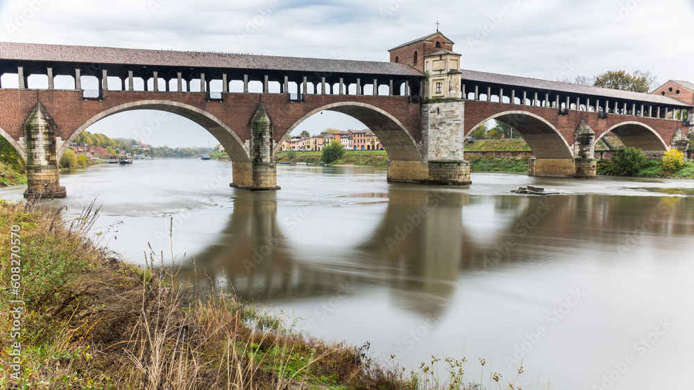 Covered bridge over the Ticino River in Pavia, Italy