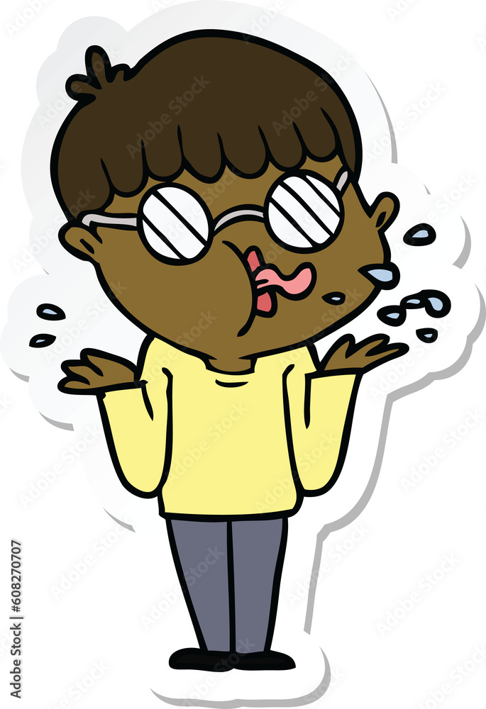sticker of a cartoon boy wearing spectacles shrugging shoulders sticker of a cartoon boy wearing spectacles shrugging shoulders