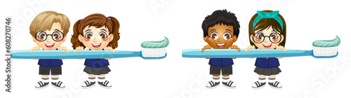 Set of a cute boy and girl student brushing teeth, back to school, education, print, artwork, doodle, vector illustration (Vector)