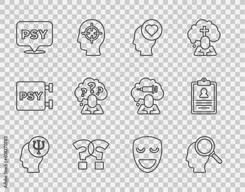 Set line Psychology, Psi, Finding a problem, Broken heart or divorce, Question mark, Head with question, Comedy theatrical mask and Medical clipboard icon. Vector