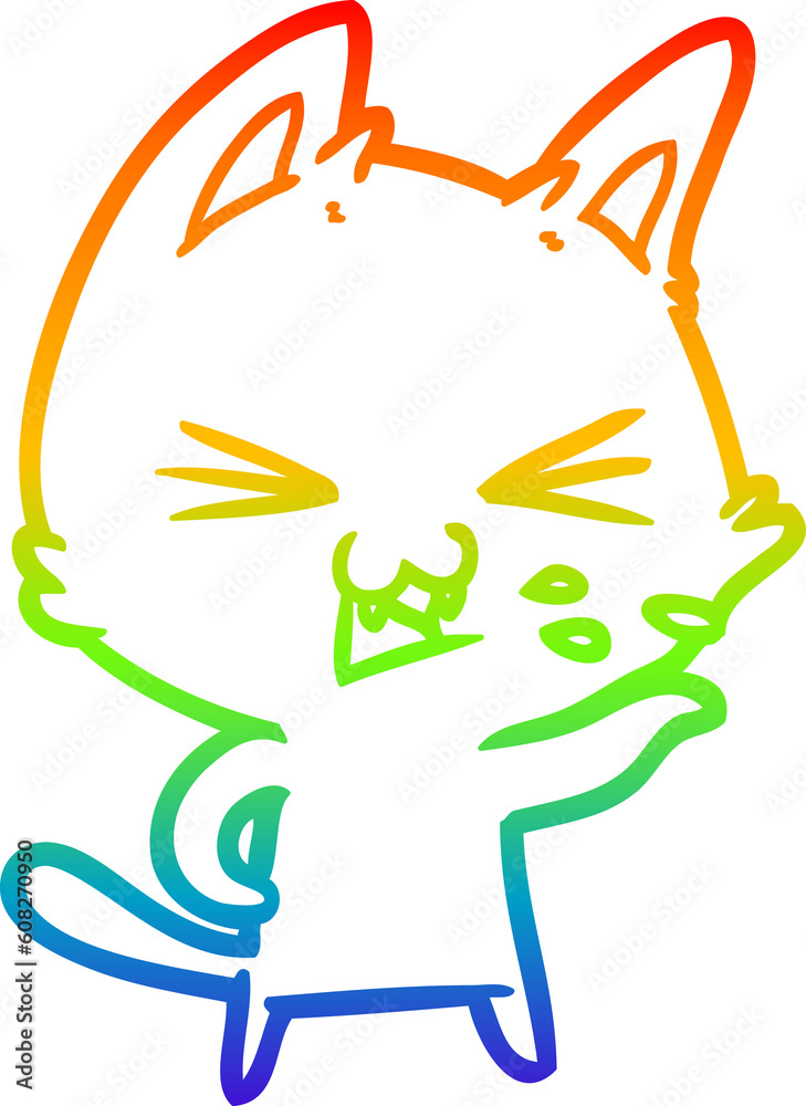 rainbow gradient line drawing of a cartoon cat hissing rainbow gradient line drawing of a cartoon cat hissing