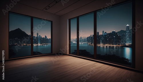 the view empty room with glass windows, illustration, Generative AI © jirasin