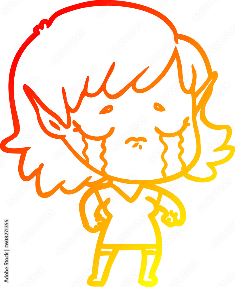 warm gradient line drawing of a cartoon crying elf girl