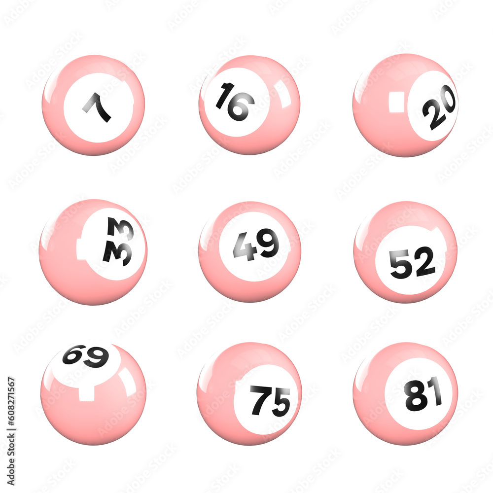 Collection of 9 pink bingo balls. 3D rendered bingo balls with numbers. Transparent background PNG. Collection of 9 pink bingo balls. 3D rendered bingo balls with numbers. Transparent background PNG.