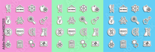 Set line Genetic engineering modification, DNA research, search, Genetically modified apple, GMO, Biohazard symbol, Test tube and flask, chicken and magnifying glass icon. Vector