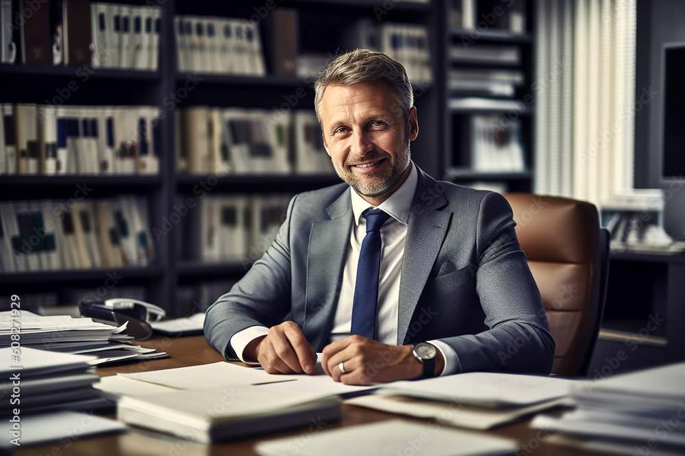 An elegant man in a suit sitting behind a desk. AI generativ.
