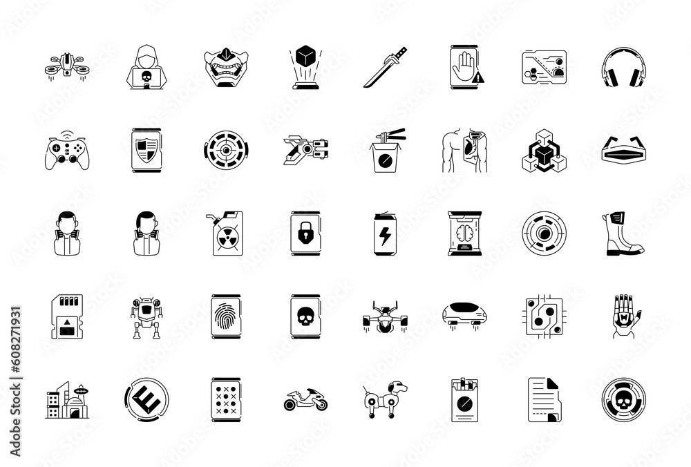 Vecteur Stock Cyberpunk icons set. Exoskeleton and high tech technology ...