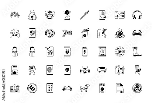 Cyberpunk icons set. Exoskeleton and high tech technology. Unique thin icons set of future world dystopia, nuclear disaster. Premium quality symbol collection. Modern pictogram pack