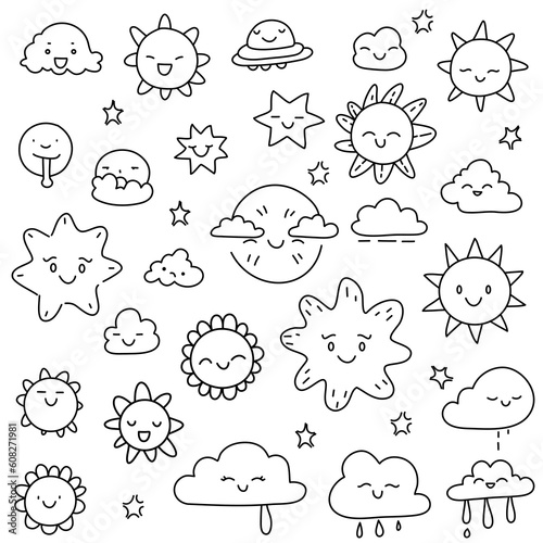 Cute doodle vector of suns, stars and clouds