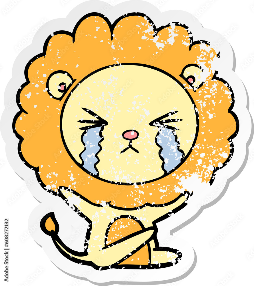 distressed sticker of a cartoon crying lion distressed sticker of a cartoon crying lion