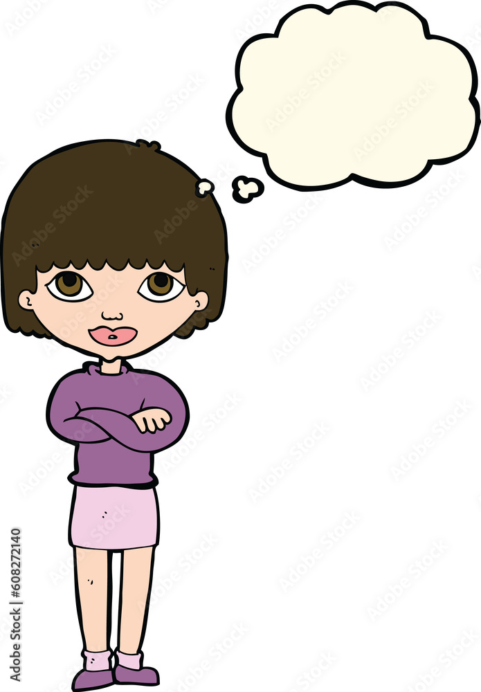 cartoon woman with folded arms with thought bubble cartoon woman with folded arms with thought bubble
