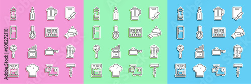 Set line Wine corkscrew, Blender, Covered with tray, Teapot, Pizza knife, Refrigerator, Pepper and Gas stove icon. Vector
