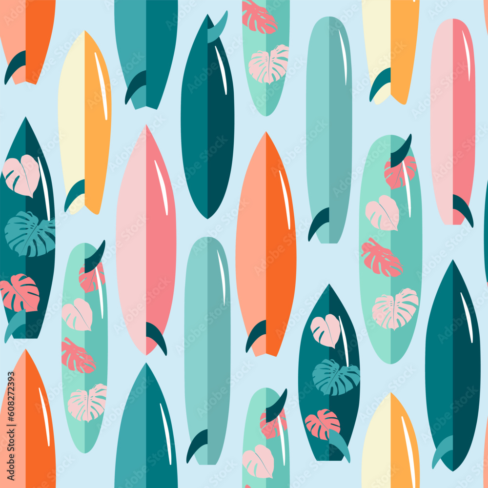 Surfboards with tropical leaves cartoon summer seamless pattern. Sea ...