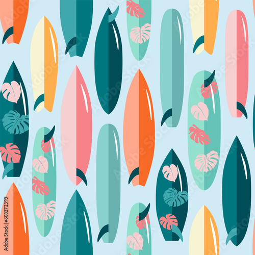 Surfboards with tropical leaves cartoon summer seamless pattern. Sea surfing boards. Beach vacation travel, surf vector print. Hawaiian textile design, summertime fabric