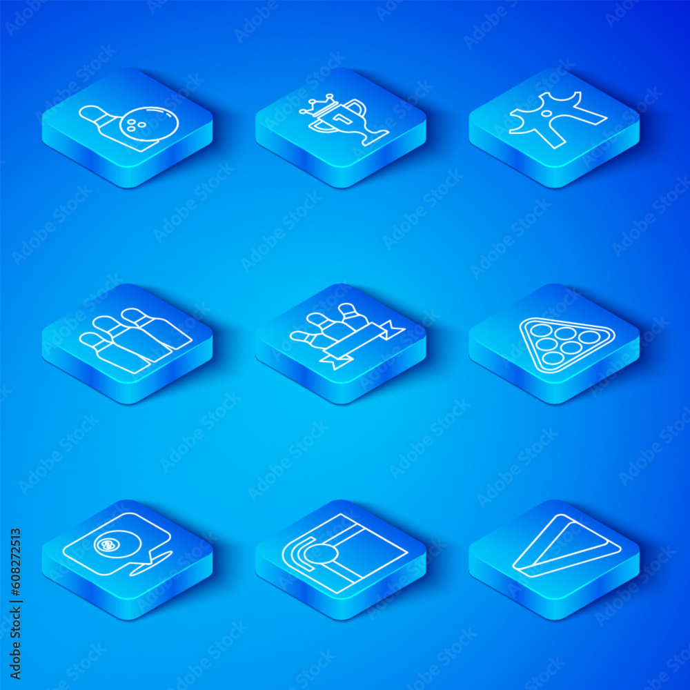 Set line Location with billiard ball, Bowling pin, Billiard table, balls rack triangle, rest, and and icon. Vector Set line Location with billiard ball, Bowling pin, Billiard table, balls rack triangle, rest, and and icon. Vector