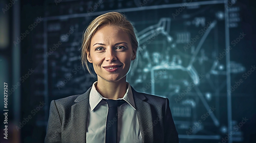 A female scientist standing in front of a large blackboard and showing and intricate diagrams. AI generativ. A female scientist standing in front of a large blackboard and showing and intricate diagrams. AI generativ.