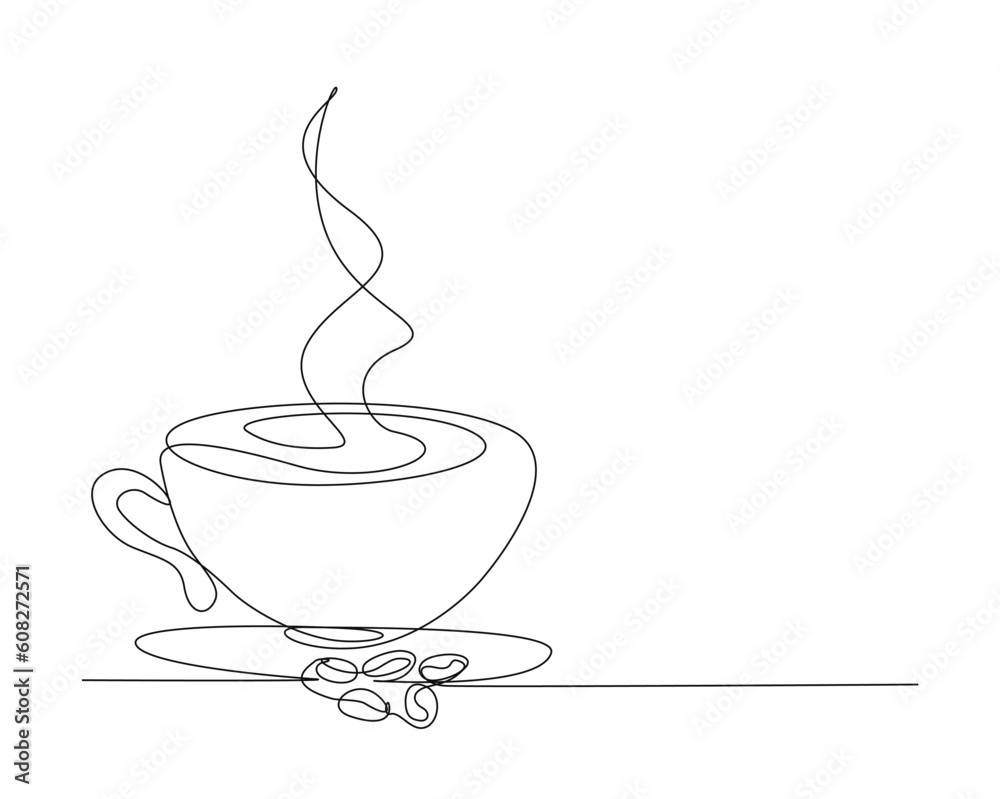 Continuous one line drawing of a cup coffee with bean and steam. A cup