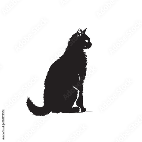 Draw vector illustration character cute cat. Doodle, cartoon, logo, icon style. Black and white 