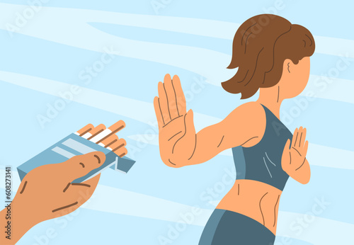 Athletic young woman offers to smoke cigarette. Hand gesture rejection. No smoking. Stop nicotine. Harm to health. Flat vector illustration
