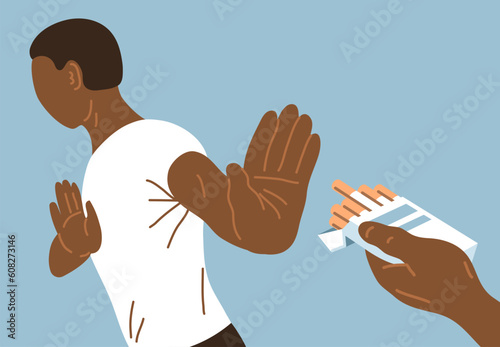 The man offers to smoke cigarette. Hand gesture rejection. No smoking. Stop nicotine. Harm to health. African american people. Flat vector illustration