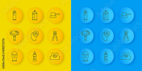 Set line Balaclava, Paint roller brush, Spray can nozzle cap, Bolt cutter, spray, and icon. Vector