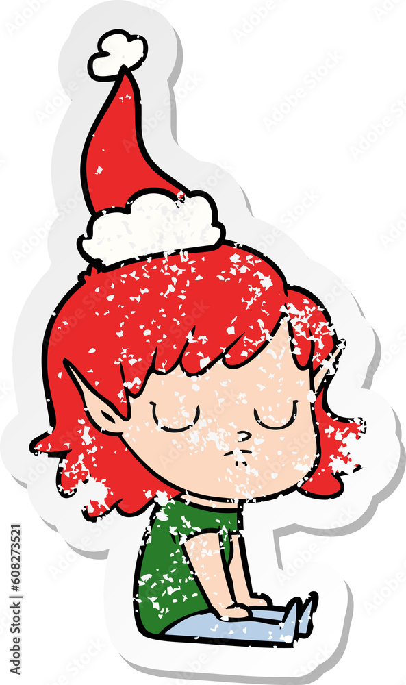 hand drawn distressed sticker cartoon of a elf girl wearing santa hat hand drawn distressed sticker cartoon of a elf girl wearing santa hat