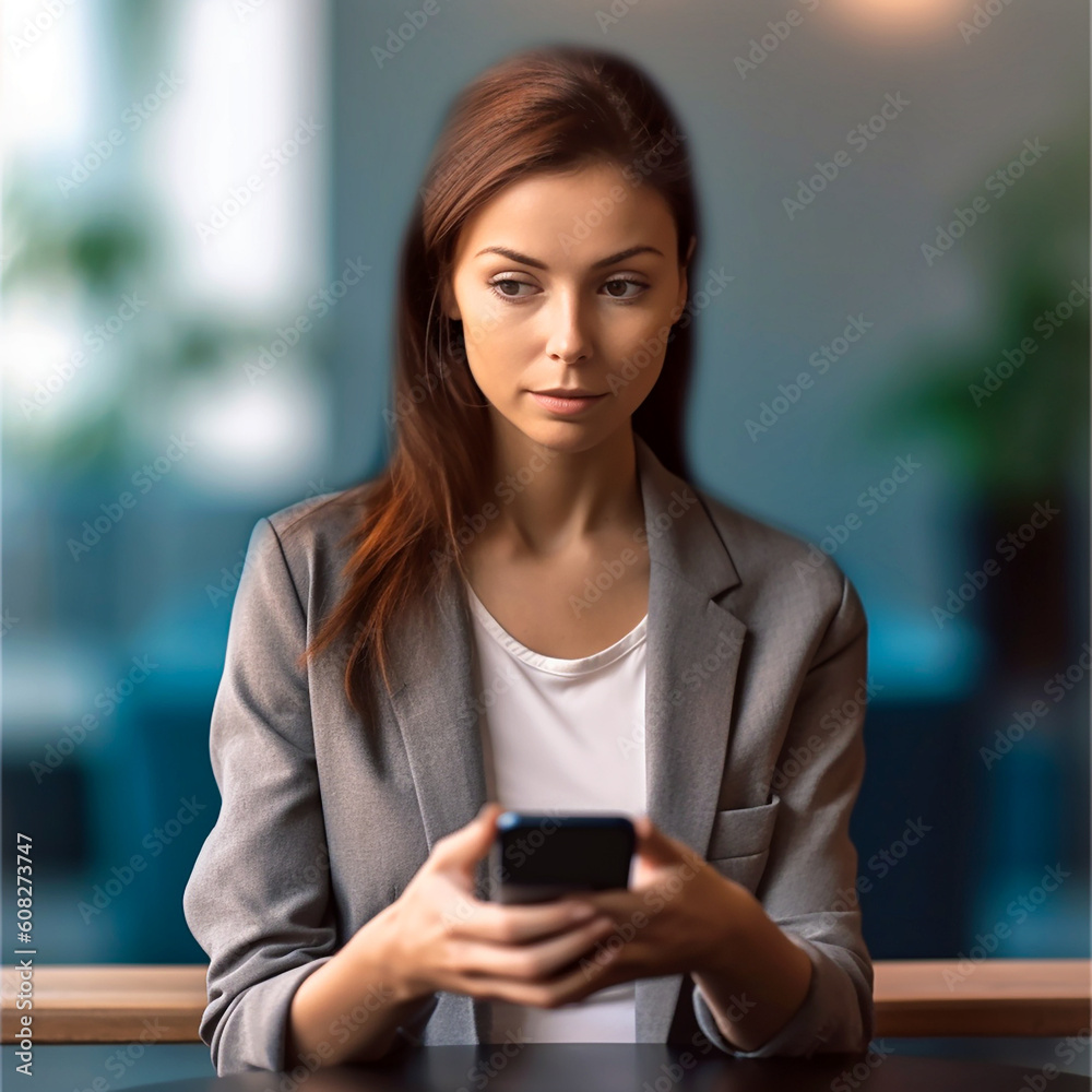 A modern and attractive woman writing on a smartphone. Ai generativ.