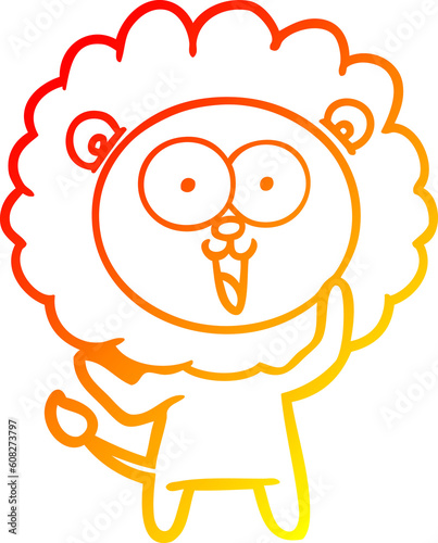 warm gradient line drawing of a happy cartoon lion