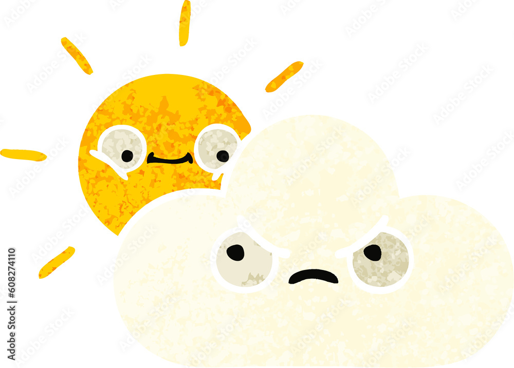 retro illustration style cartoon of a sunshine and cloud retro illustration style cartoon of a sunshine and cloud
