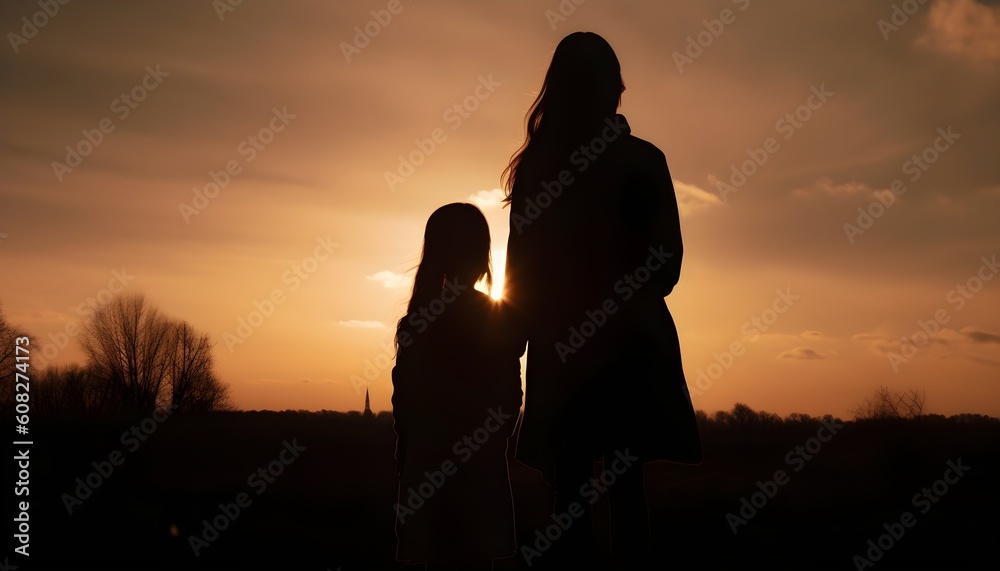 Silhouette of a mother and daughter watch the sunset in the desert field. Generative AI