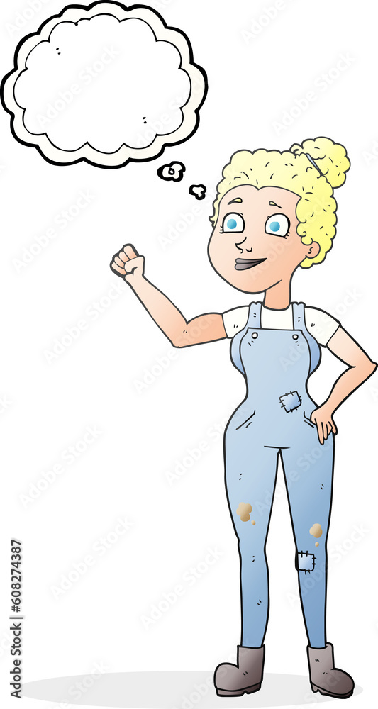 freehand drawn thought bubble cartoon woman in dungarees freehand drawn thought bubble cartoon woman in dungarees