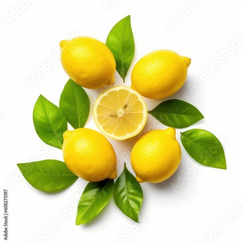 Wallpaper Mural Fresh organic yellow lemon fruit with slice and green leaves. Generative AI Torontodigital.ca