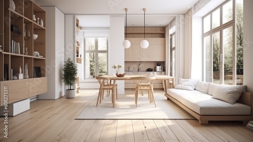 Spacious modern Scandinavian living room with dining area. Wooden furniture and flooring  light textiles  beige carpet  large panoramic windows. Light natural colors. Generative AI