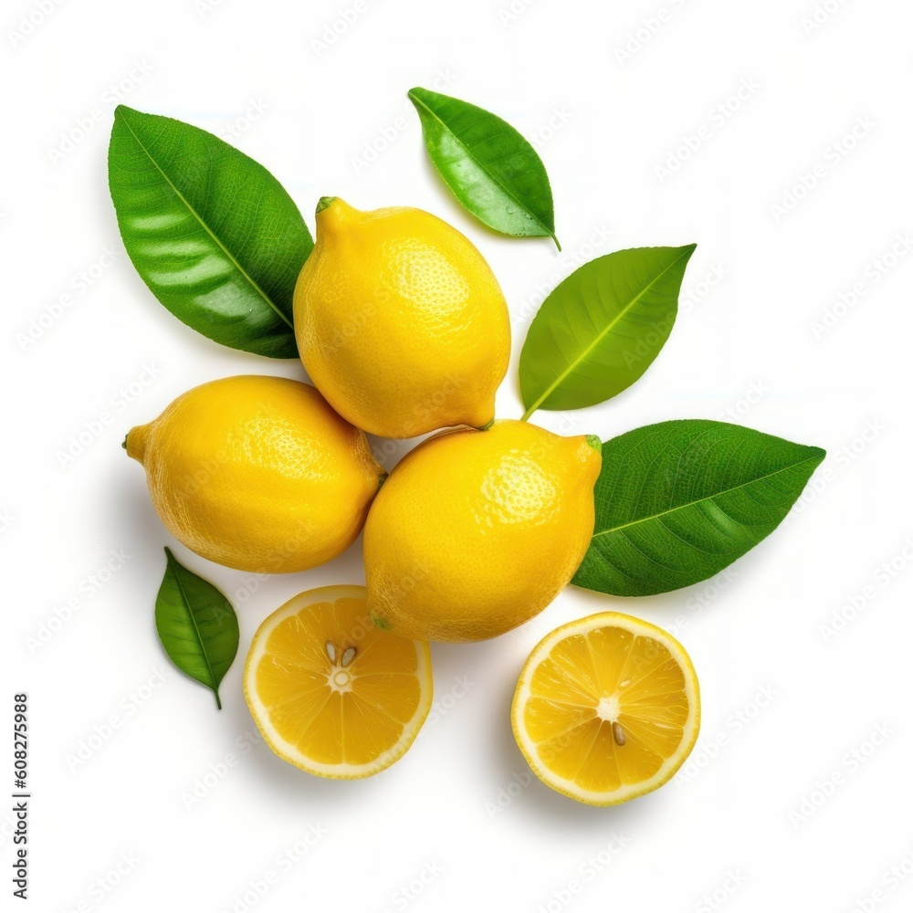 Fresh organic yellow lemon fruit with slice and green leaves. Generative AI Fresh organic yellow lemon fruit with slice and green leaves. Generative AI