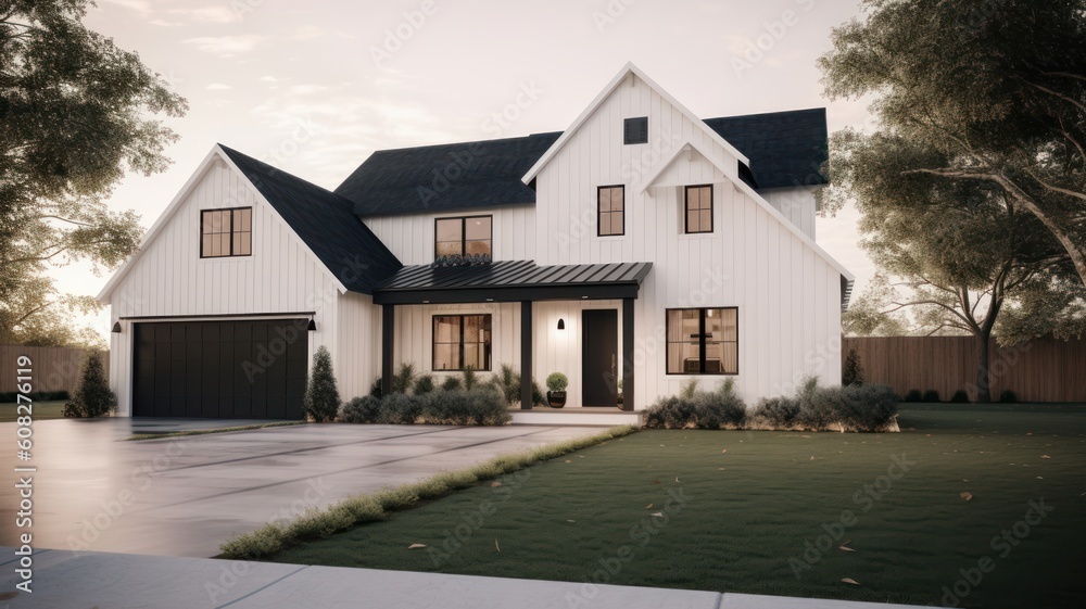 Large modern two-storey country house in European Scandinavian style with white siding walls and black roof. Neatly trimmed lawn, decorative bushes, bright morning light. Generative AI