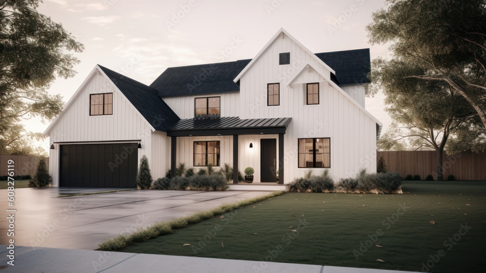Large modern two-storey country house in European Scandinavian style with white siding walls and black roof. Neatly trimmed lawn, decorative bushes, bright morning light. Generative AI Large modern two-storey country house in European Scandinavian style with white siding walls and black roof. Neatly trimmed lawn, decorative bushes, bright morning light. Generative AI