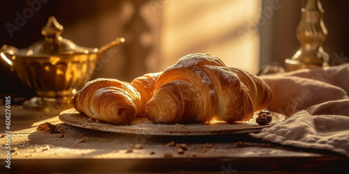 Leckeres frisches Hörnchen Croissant im weichen Sonnenlicht serviert, ai generativ