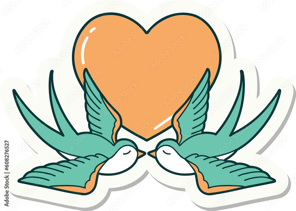 Obraz premium sticker of tattoo in traditional style of swallows and a heart