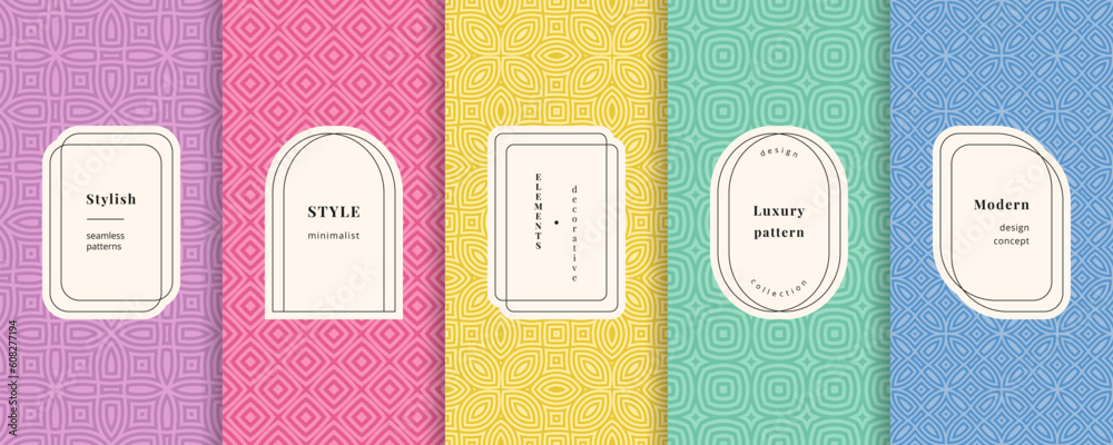 Colorful vector seamless patterns collection. Set of cute backgrounds with modern minimal labels. Abstract geometric floral textures. Spring summer decor. Simple cute pattern design for babies, kids